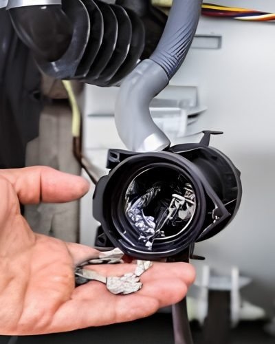Technician cleaning a washing machine drain pump filter to fix a drainage fault
