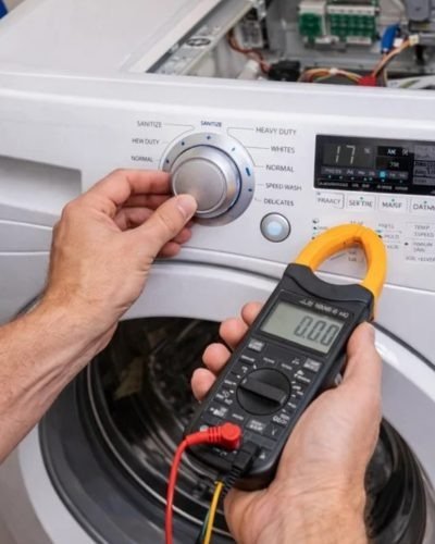 Technician testing a washing machine control panel with a multimeter for PCB fault diagnosis