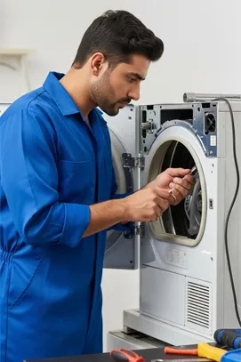 Technician repairing a washer-dryer combo machine, all major brands serviced