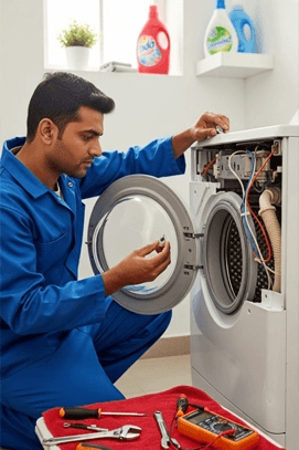 Certified washing machine repair technician diagnosing a front load washing machine in Dubai